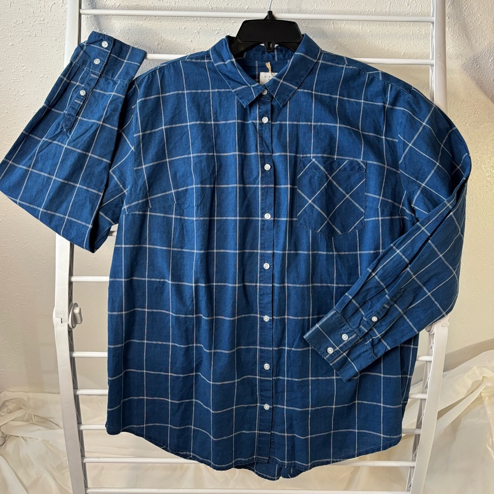 A New Day NWT blue and white windowpane long sleeve button up XXL